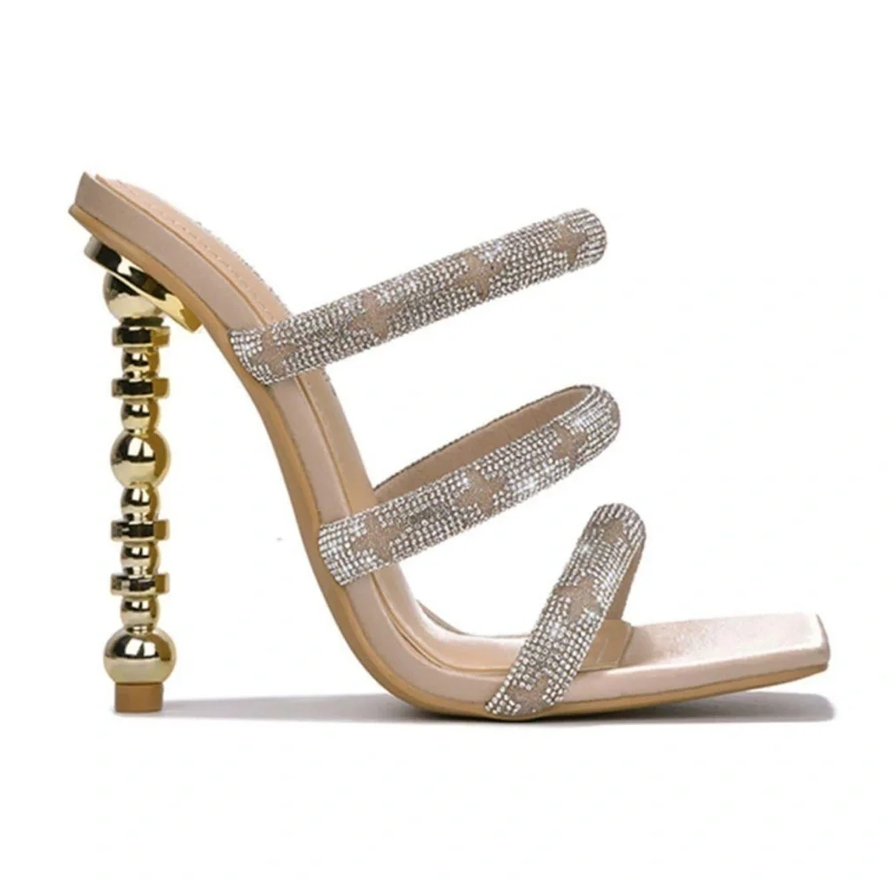 Cape Robbin Rhinestone Multi-Strap Square Toe High Heels Stilettos Sparkly Beige